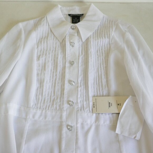 NWT Adolfo sheer white collared pintuck tunic blouse crystal buttons size M - Picture 6 of 9
